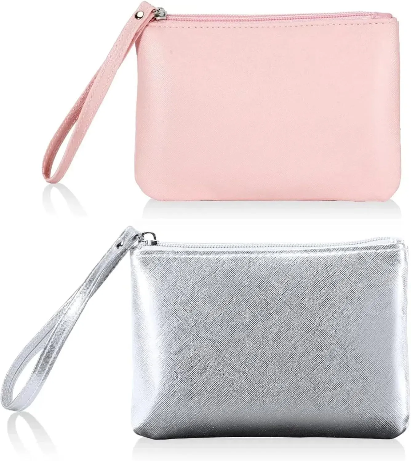 2 Pack Small Zipper Pouch Mini Makeup Bag for Purse Lipstick Cosmetic Travel Make Up Organizer for Women Essentials, Car Change Coin Holder 4.5 x 6.5 Clutch Stadium Approved Wristlet, Pink Silver