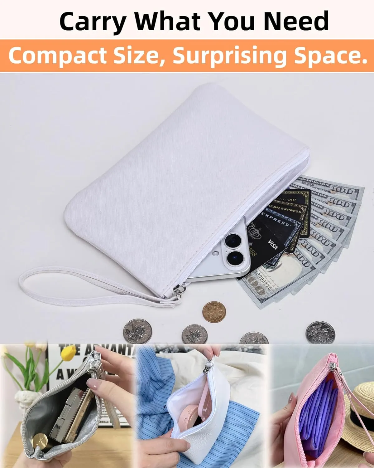 2 Pack Small Zipper Pouch Mini Makeup Bag for Purse Lipstick Cosmetic Travel Make Up Organizer for Women Essentials Feminine Products, Car Change Coin Holder 8x5 Phone Wristlet Wallet, White, Pink