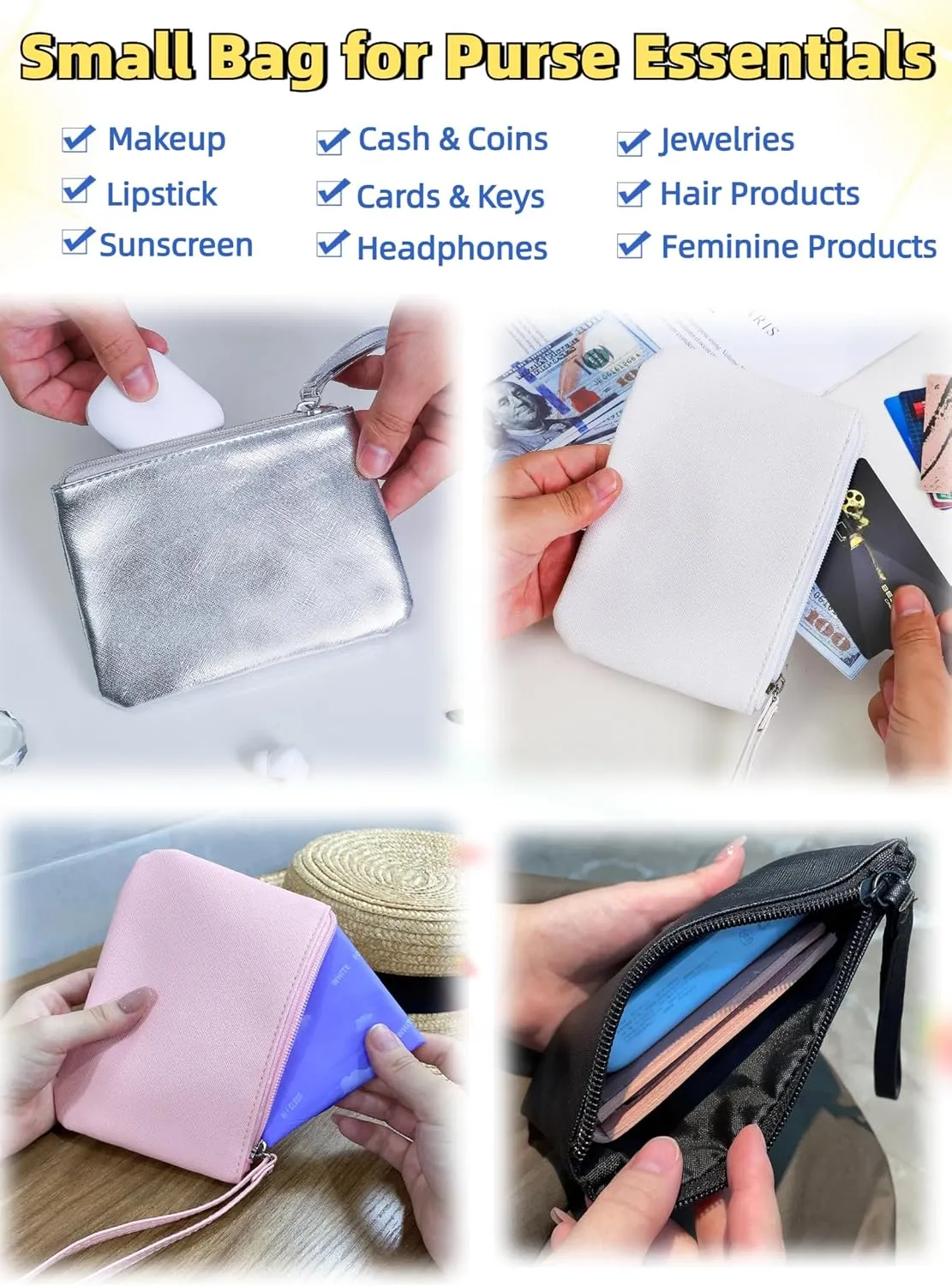 2 Pack Small Zipper Pouch Mini Makeup Bag for Purse Lipstick Cosmetic Travel Make Up Organizer for Women Essentials Feminine Products, Car Change Coin Holder 8x5 Phone Wristlet Wallet, White, Pink