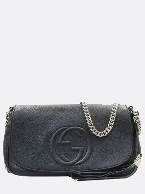 336752 Black leather SOHO interlocking stitch gold metal chain cross bag
