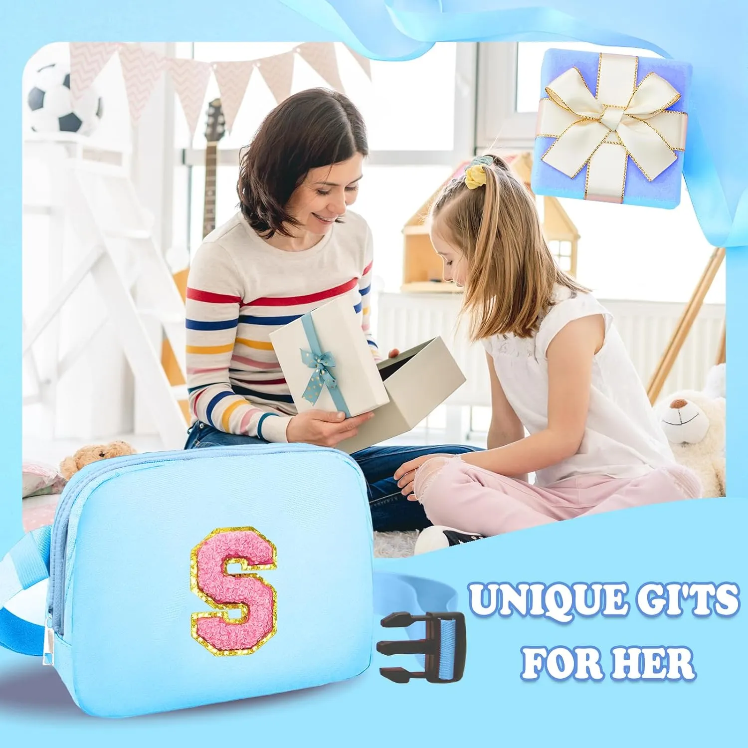 Birthday Gifts for 4 5 6 7 8 9 10 11 12 13 Year Old Girls, Crossbody Bags Fanny Pack with Initial Letter Patch Cute Stuff for Women Girls Teens (S, Blue)