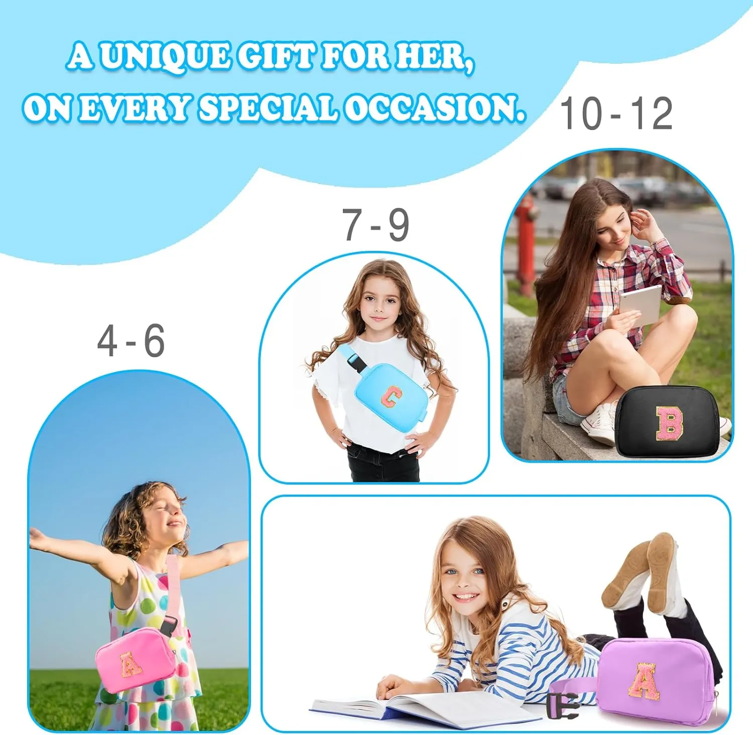 Birthday Gifts for 4 5 6 7 8 9 10 11 12 13 Year Old Girls, Crossbody Bags Fanny Pack with Initial Letter Patch Cute Stuff for Women Girls Teens (S, Blue)