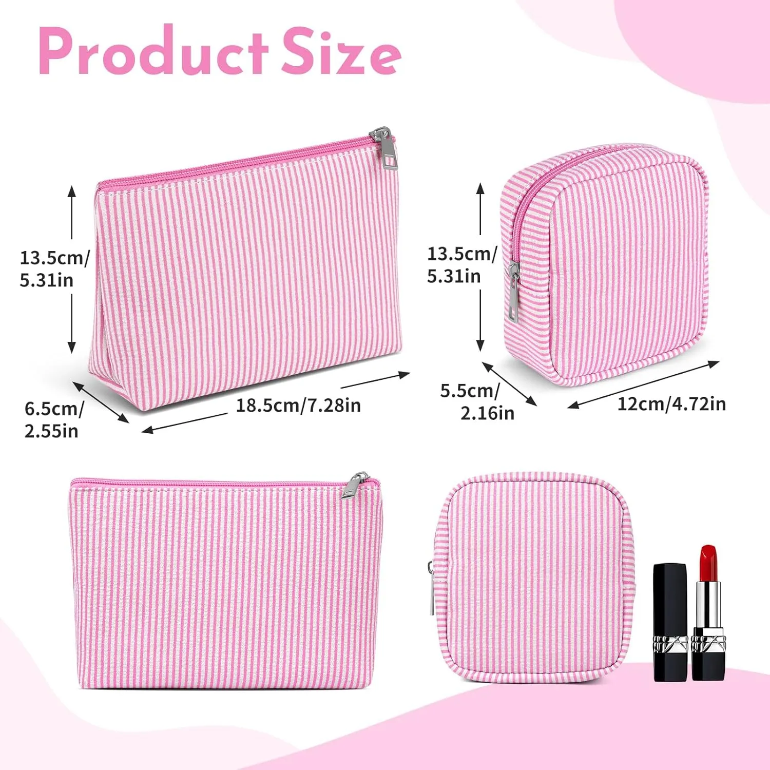 Breteil 2PCS Small Makeup Bag for Purse Cute Make up Bag with Mini Cosmetic Bag with Slip-in Pockets Candy Stripes Makeup Pouch Gifts for Women - Pink