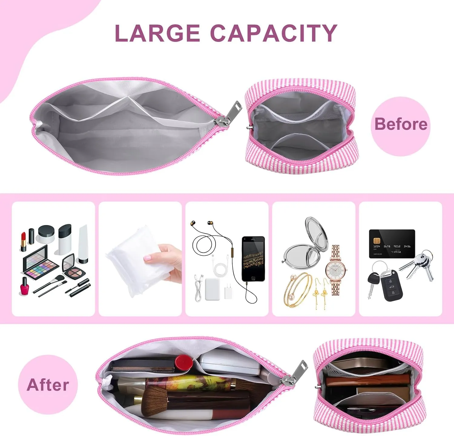 Breteil 2PCS Small Makeup Bag for Purse Cute Make up Bag with Mini Cosmetic Bag with Slip-in Pockets Candy Stripes Makeup Pouch Gifts for Women - Pink