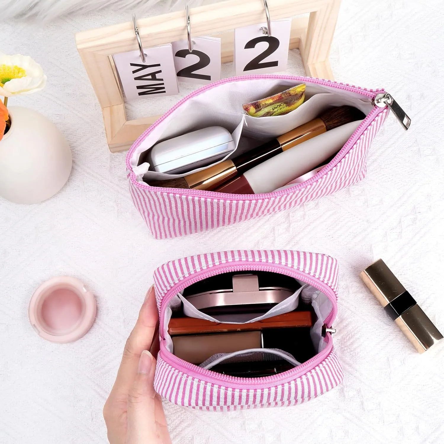 Breteil 2PCS Small Makeup Bag for Purse Cute Make up Bag with Mini Cosmetic Bag with Slip-in Pockets Candy Stripes Makeup Pouch Gifts for Women - Pink