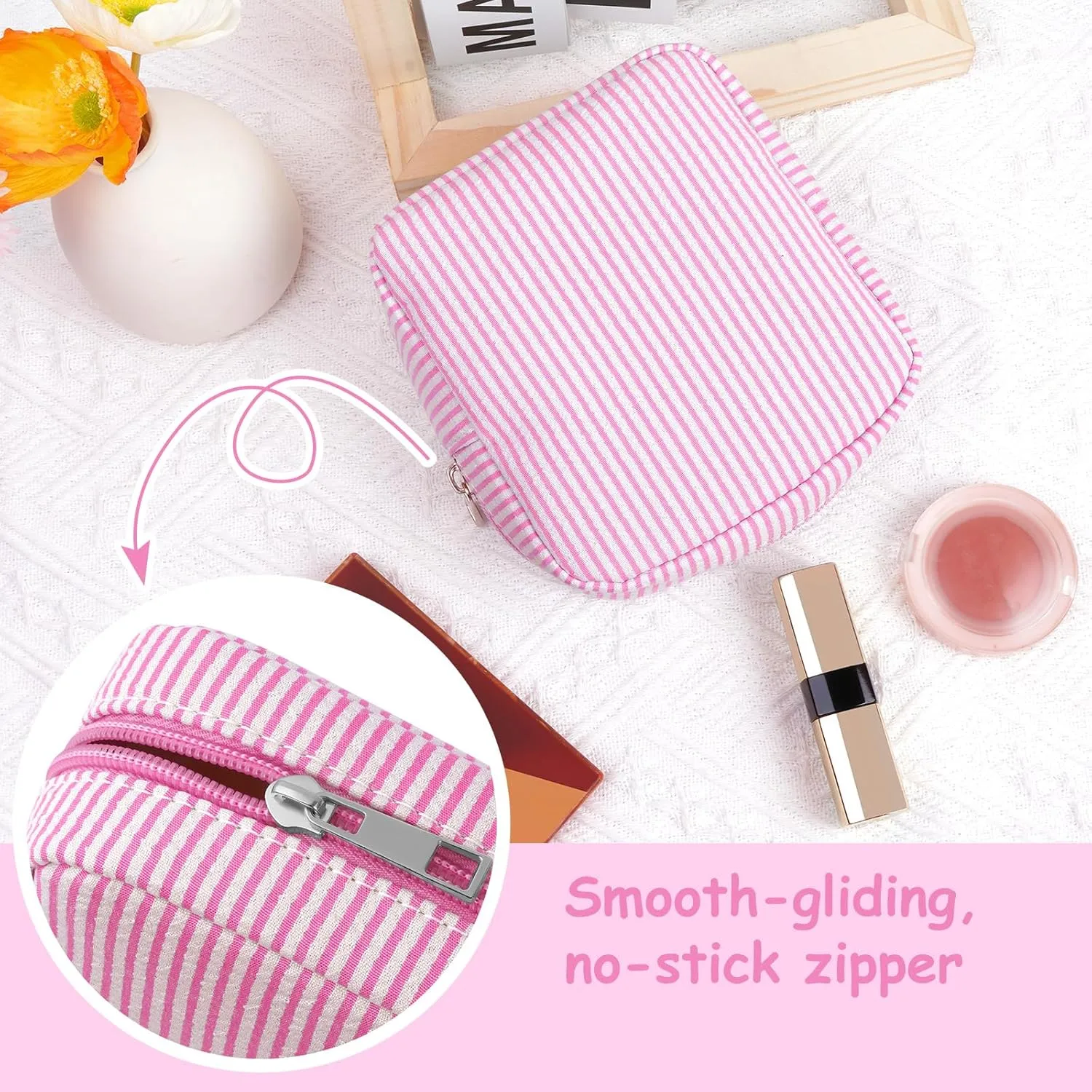 Breteil 2PCS Small Makeup Bag for Purse Cute Make up Bag with Mini Cosmetic Bag with Slip-in Pockets Candy Stripes Makeup Pouch Gifts for Women - Pink
