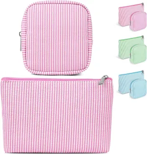 Breteil 2PCS Small Makeup Bag for Purse Cute Make up Bag with Mini Cosmetic Bag with Slip-in Pockets Candy Stripes Makeup Pouch Gifts for Women - Pink