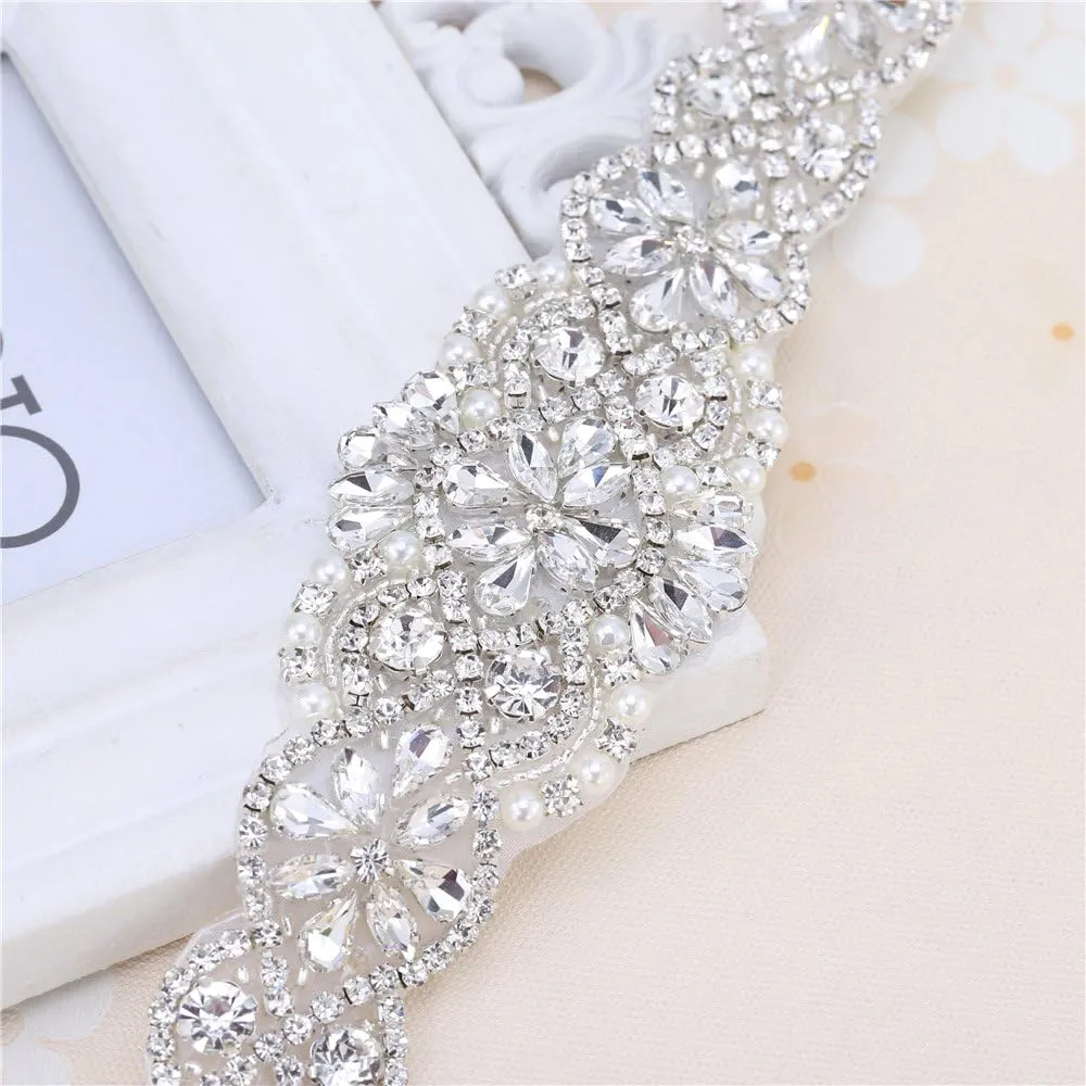 Bridal Rhinestone Appliques, FANGZHIDI 23.4 Inches Silver Beaded Patches with Sparkle Clear Crystal Stone and Pearls- Best for DIY on Wedding Dress, Sew on or Iron on Bridal Belt Sash, Wedding Cake