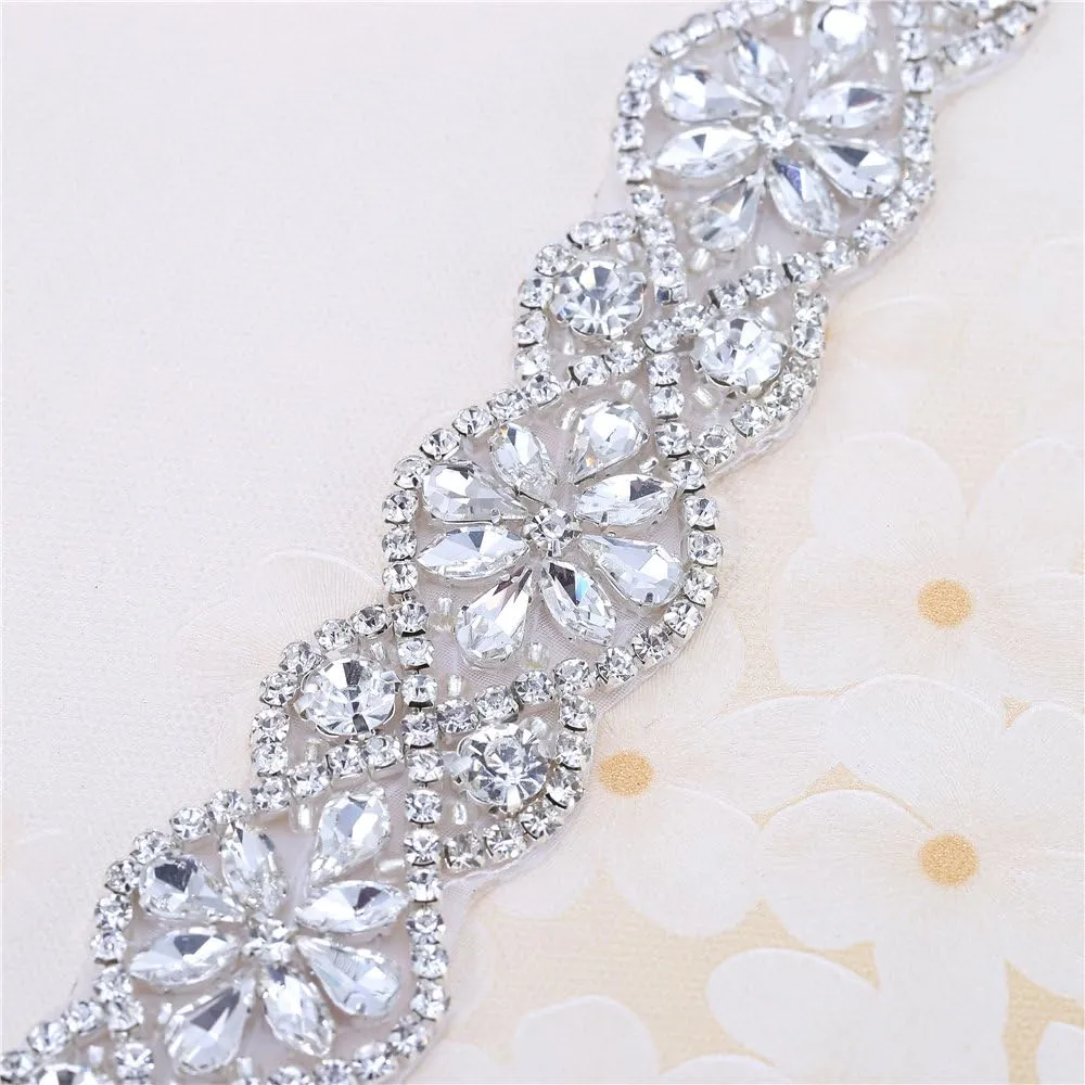 Bridal Rhinestone Appliques, FANGZHIDI 23.4 Inches Silver Beaded Patches with Sparkle Clear Crystal Stone and Pearls- Best for DIY on Wedding Dress, Sew on or Iron on Bridal Belt Sash, Wedding Cake
