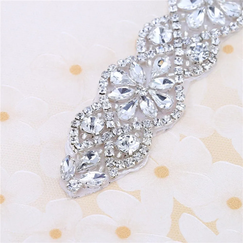 Bridal Rhinestone Appliques, FANGZHIDI 23.4 Inches Silver Beaded Patches with Sparkle Clear Crystal Stone and Pearls- Best for DIY on Wedding Dress, Sew on or Iron on Bridal Belt Sash, Wedding Cake