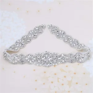 Bridal Rhinestone Appliques, FANGZHIDI 23.4 Inches Silver Beaded Patches with Sparkle Clear Crystal Stone and Pearls- Best for DIY on Wedding Dress, Sew on or Iron on Bridal Belt Sash, Wedding Cake