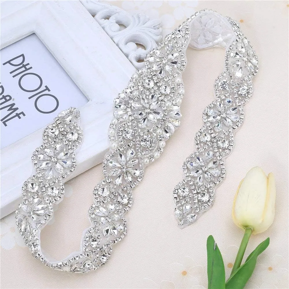 Bridal Rhinestone Appliques, FANGZHIDI 23.4 Inches Silver Beaded Patches with Sparkle Clear Crystal Stone and Pearls- Best for DIY on Wedding Dress, Sew on or Iron on Bridal Belt Sash, Wedding Cake