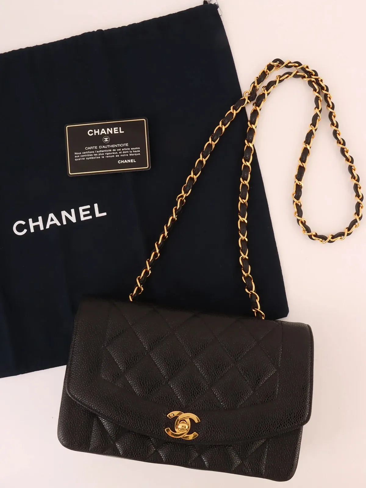 CHANEL Around 1992 Made Caviar Skin Diana Flap Chain Bag 22Cm Black