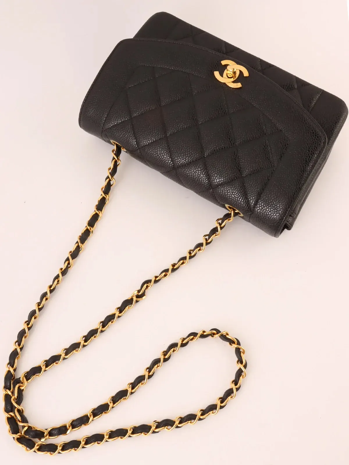 CHANEL Around 1992 Made Caviar Skin Diana Flap Chain Bag 22Cm Black