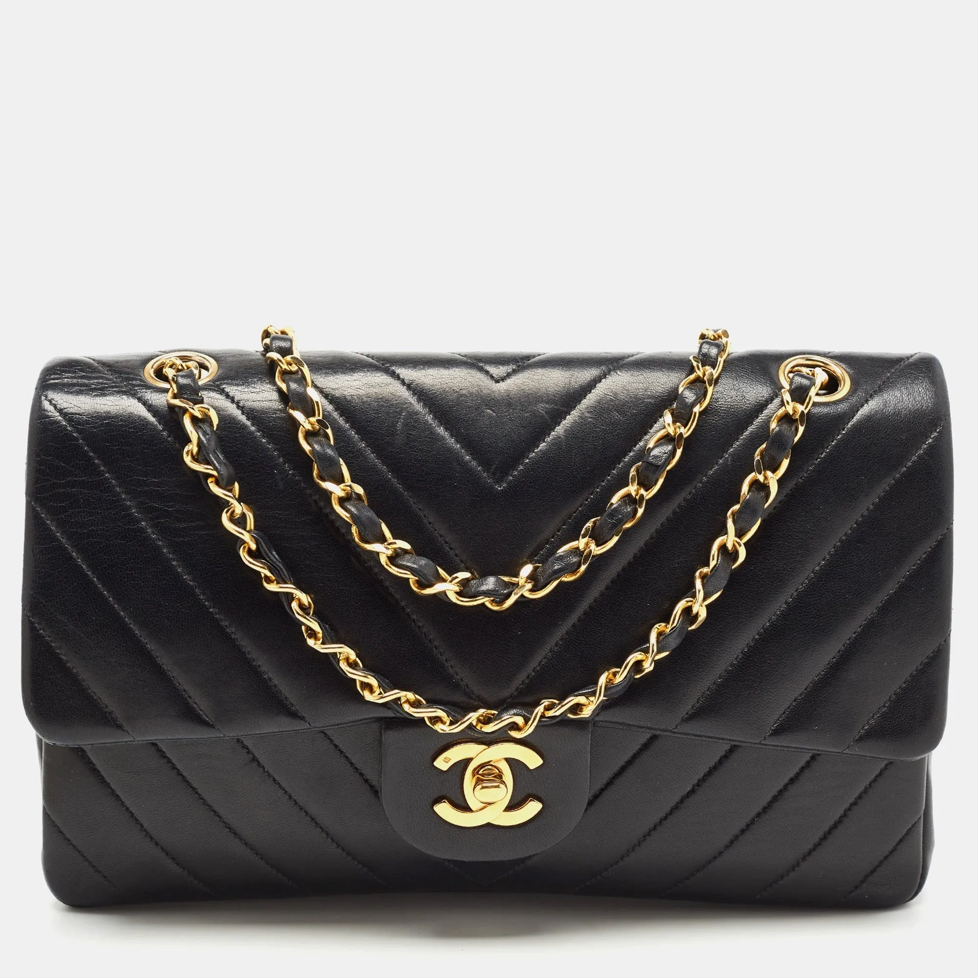 CHANEL Black Chevron Leather Medium Classic Double Flap Bag