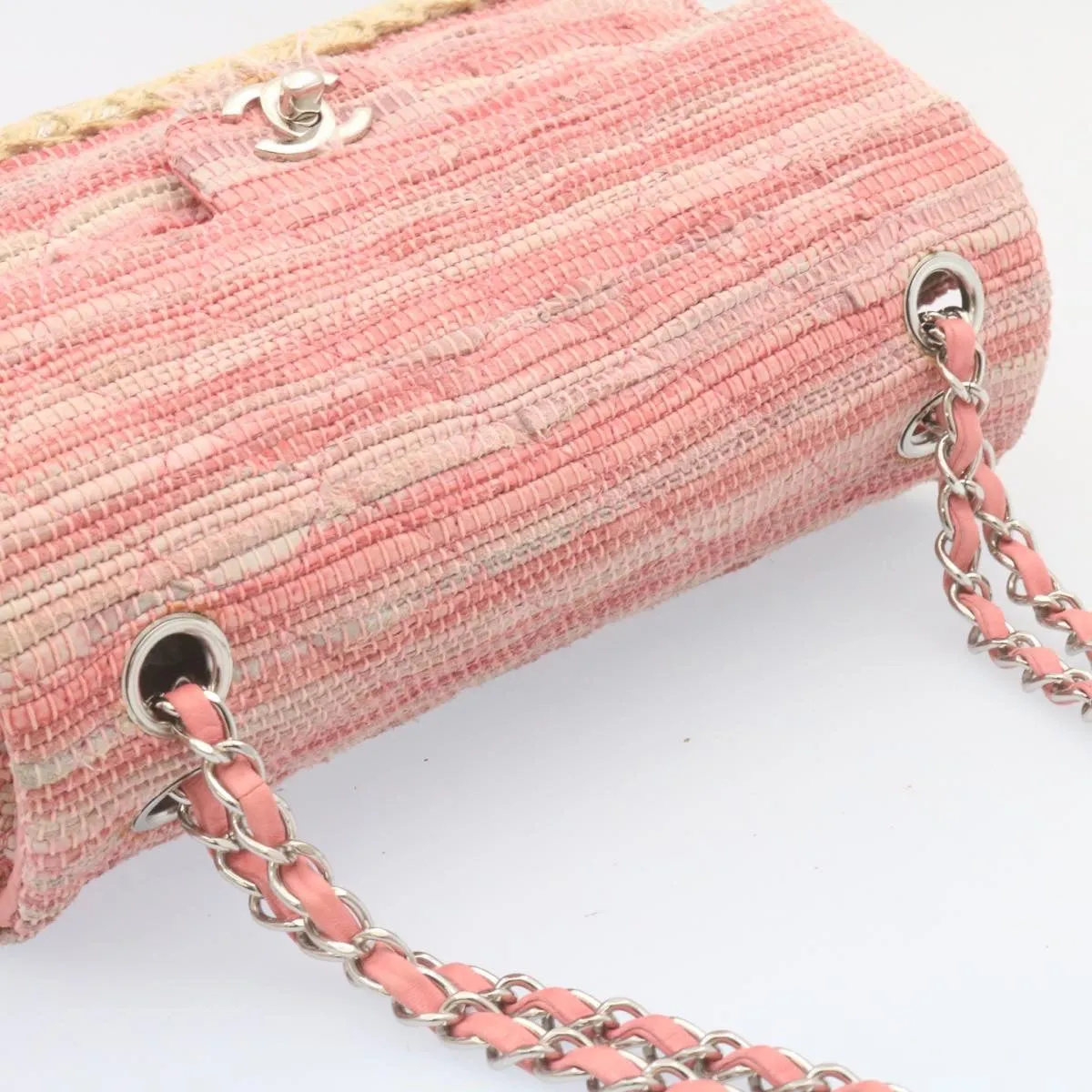 Chanel Chain Flap Shoulder Bag Turn Lock Canvas Pink CC  bs334A