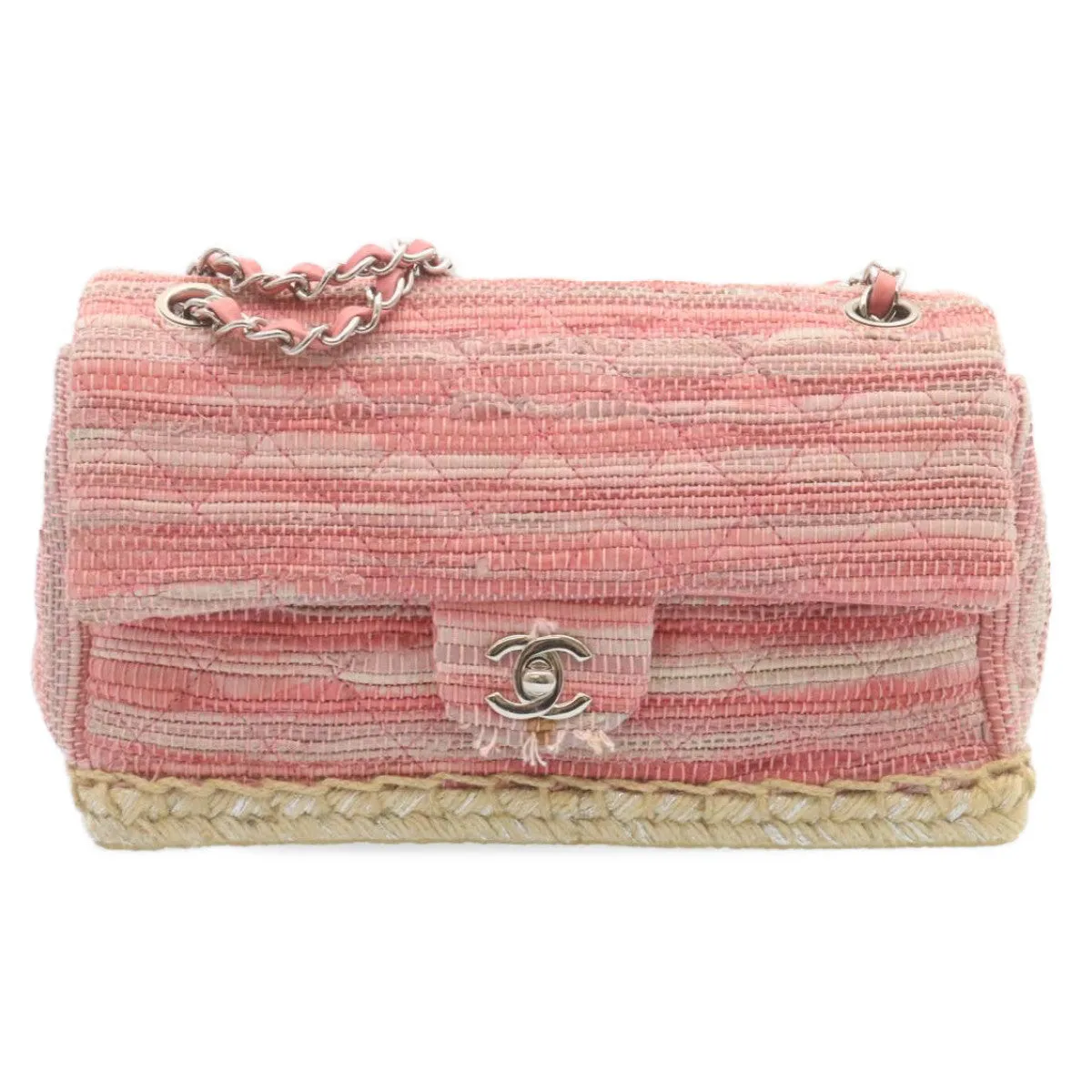 Chanel Chain Flap Shoulder Bag Turn Lock Canvas Pink CC  bs334A