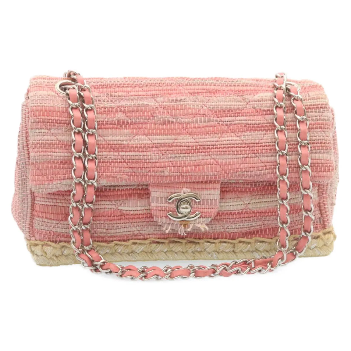 Chanel Chain Flap Shoulder Bag Turn Lock Canvas Pink CC  bs334A
