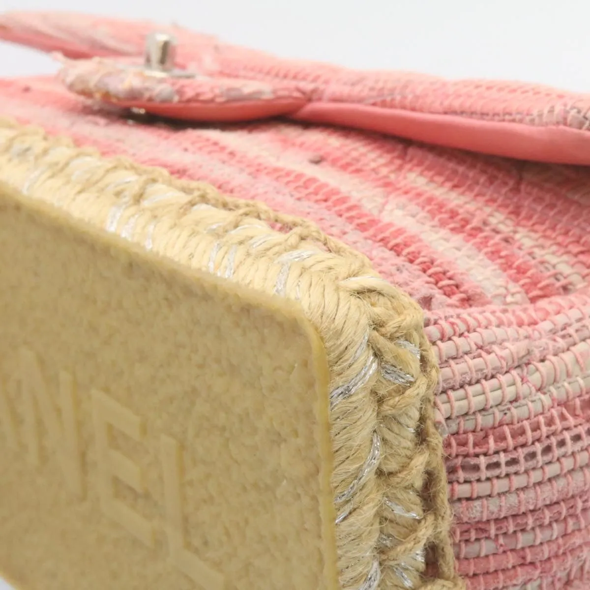 Chanel Chain Flap Shoulder Bag Turn Lock Canvas Pink CC  bs334A