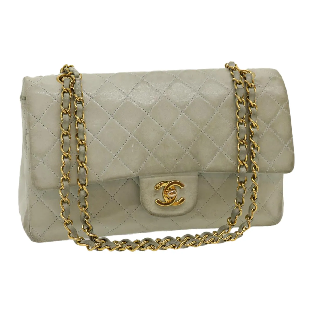 CHANEL Classic Matelasse 25 Double Chain Flap Shoulder Bag Lamb Skin Auth 29961A