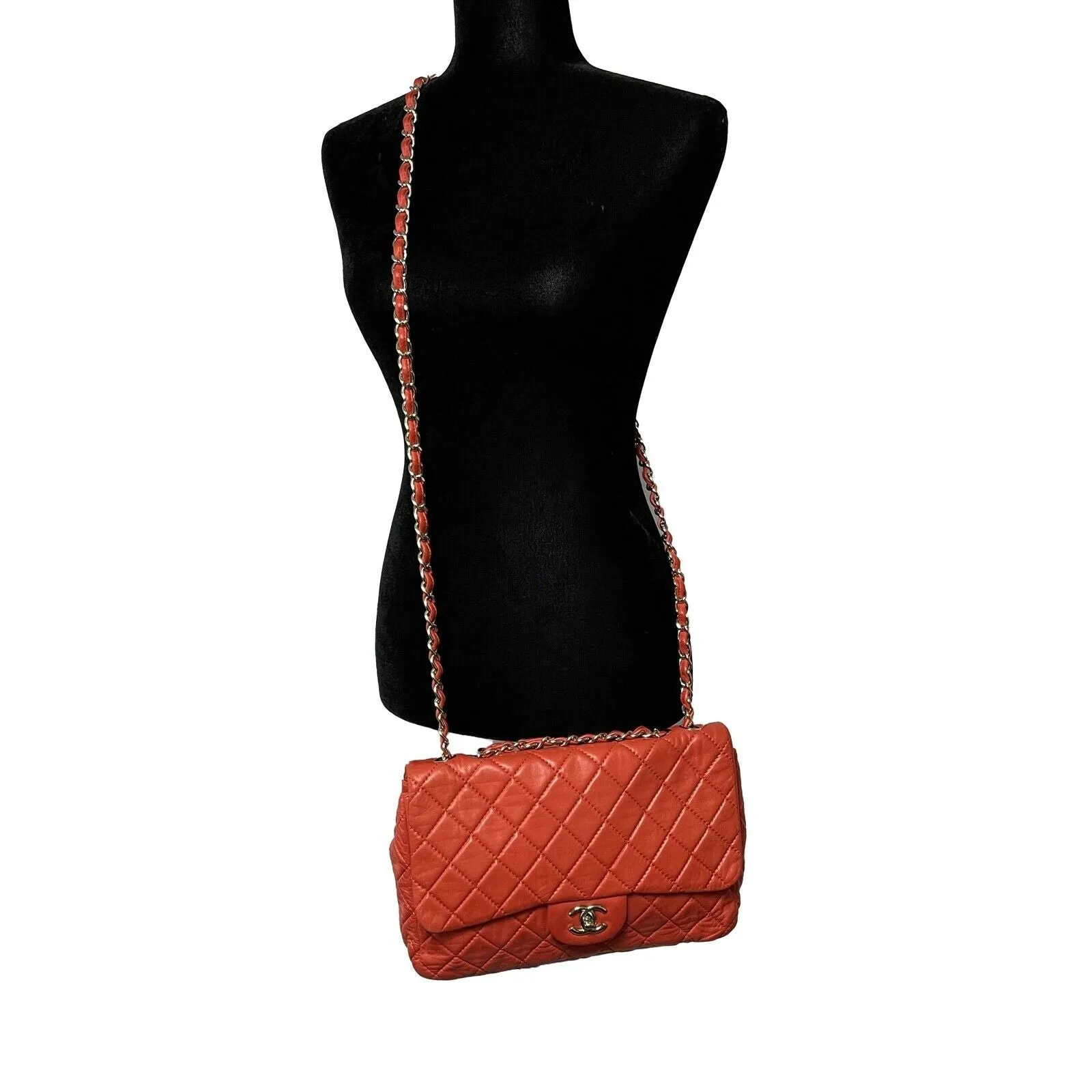 CHANEL - Classic Single New Jumbo Quilted Lambskin - Champagne Gold Red Handbag