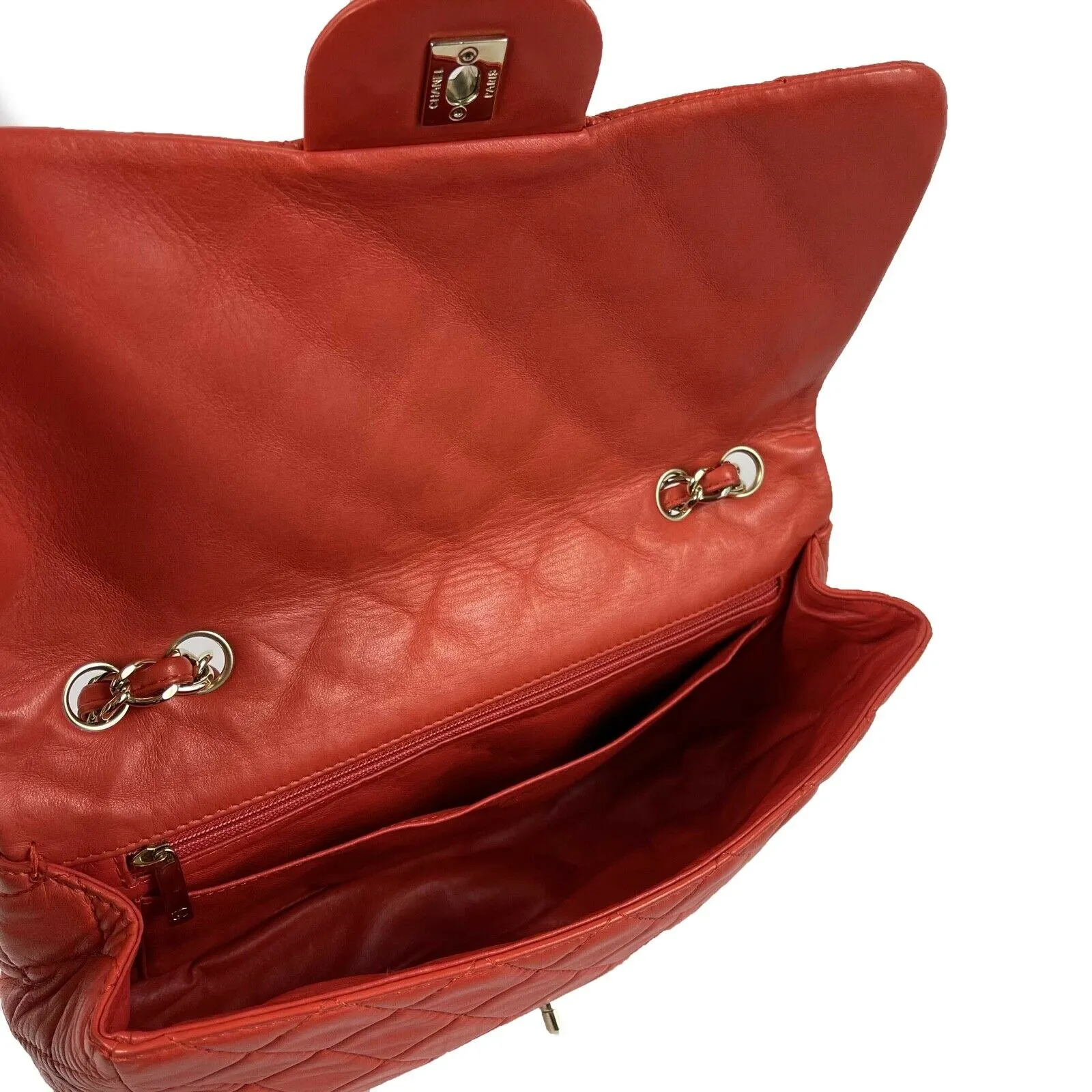 CHANEL - Classic Single New Jumbo Quilted Lambskin - Champagne Gold Red Handbag