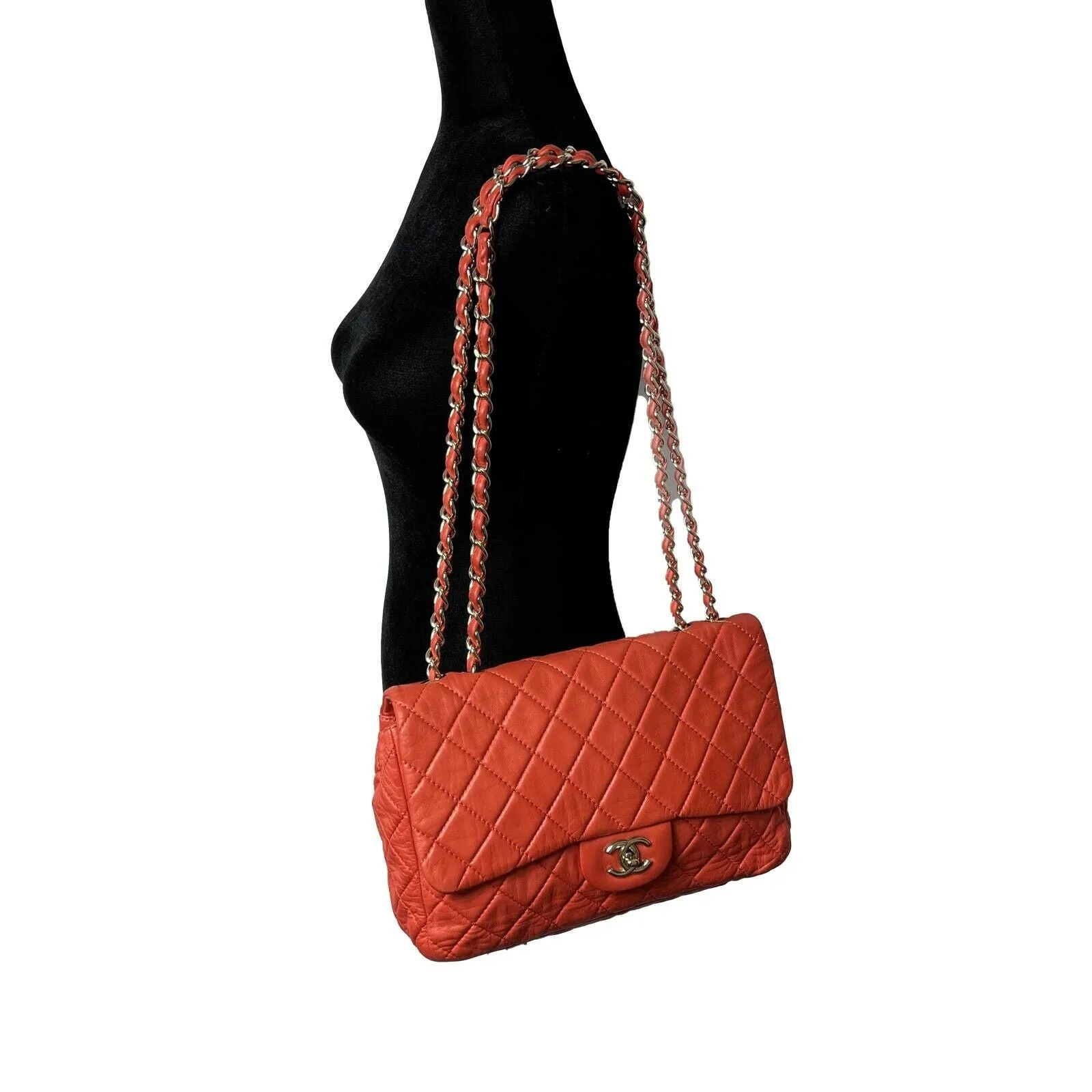 CHANEL - Classic Single New Jumbo Quilted Lambskin - Champagne Gold Red Handbag
