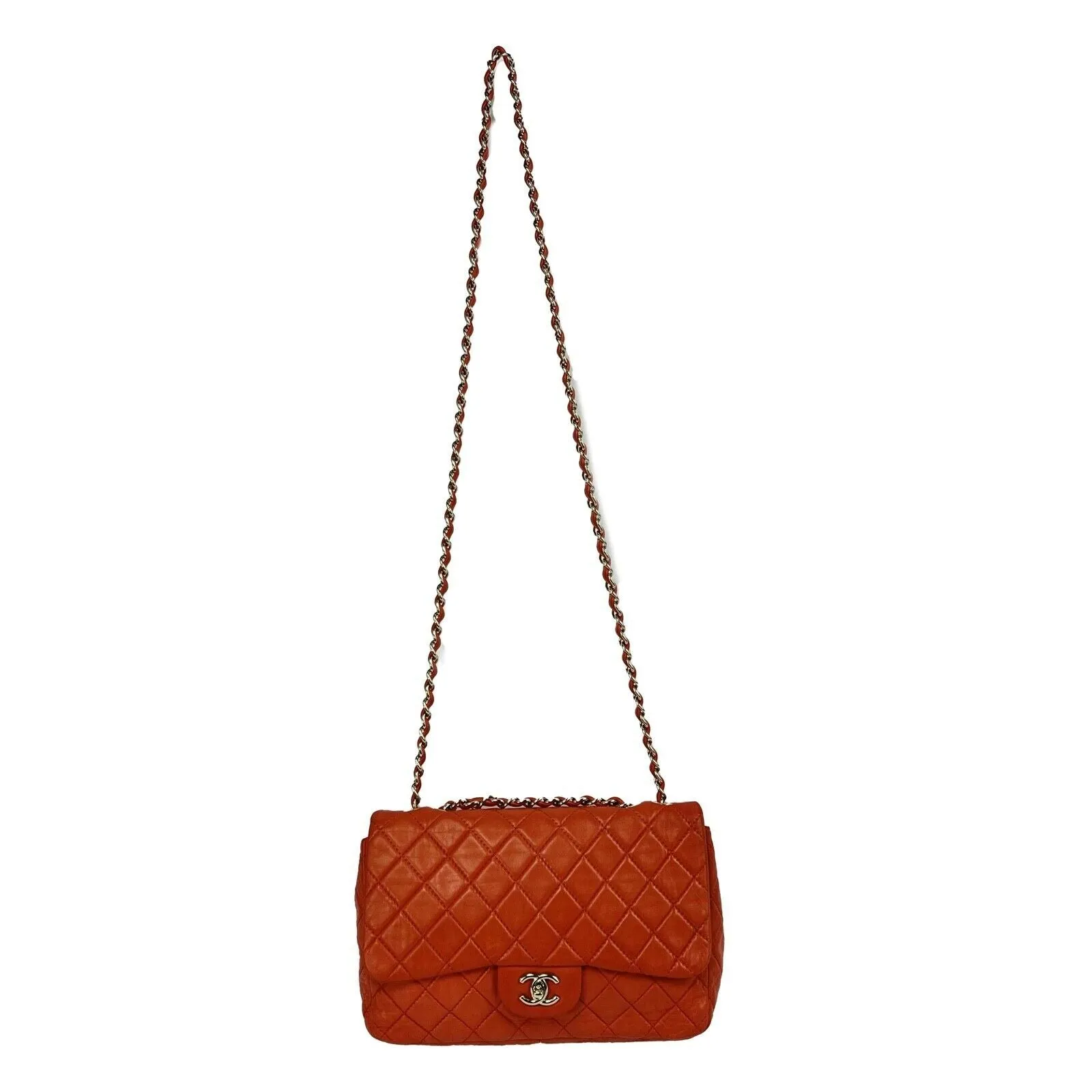 CHANEL - Classic Single New Jumbo Quilted Lambskin - Champagne Gold Red Handbag