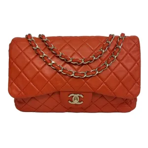 CHANEL - Classic Single New Jumbo Quilted Lambskin - Champagne Gold Red Handbag