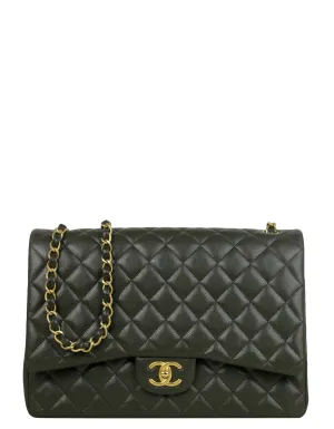 Chanel Dark Green Caviar Leather Double Flap Maxi Bag