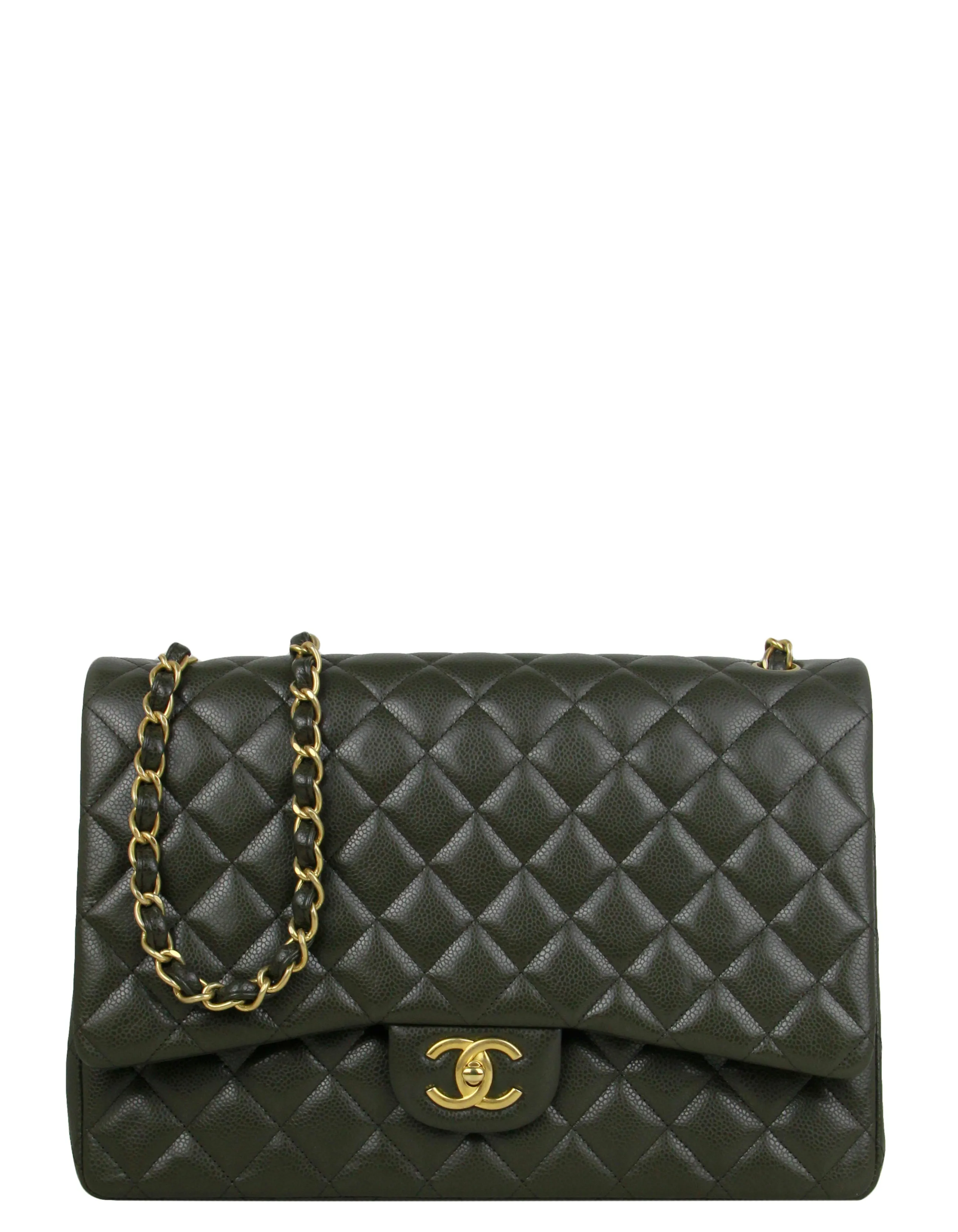Chanel Dark Green Caviar Leather Double Flap Maxi Bag