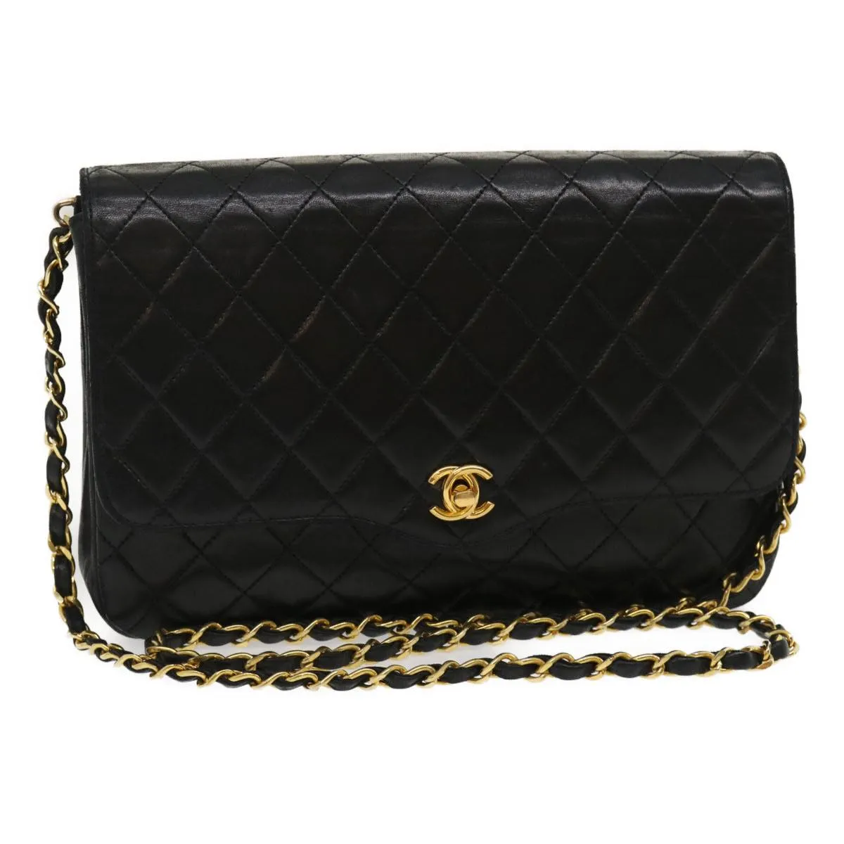 Chanel Matelasse Chain Flap Shoulder Bag Lamb Skin Black CC Auth bs1447A