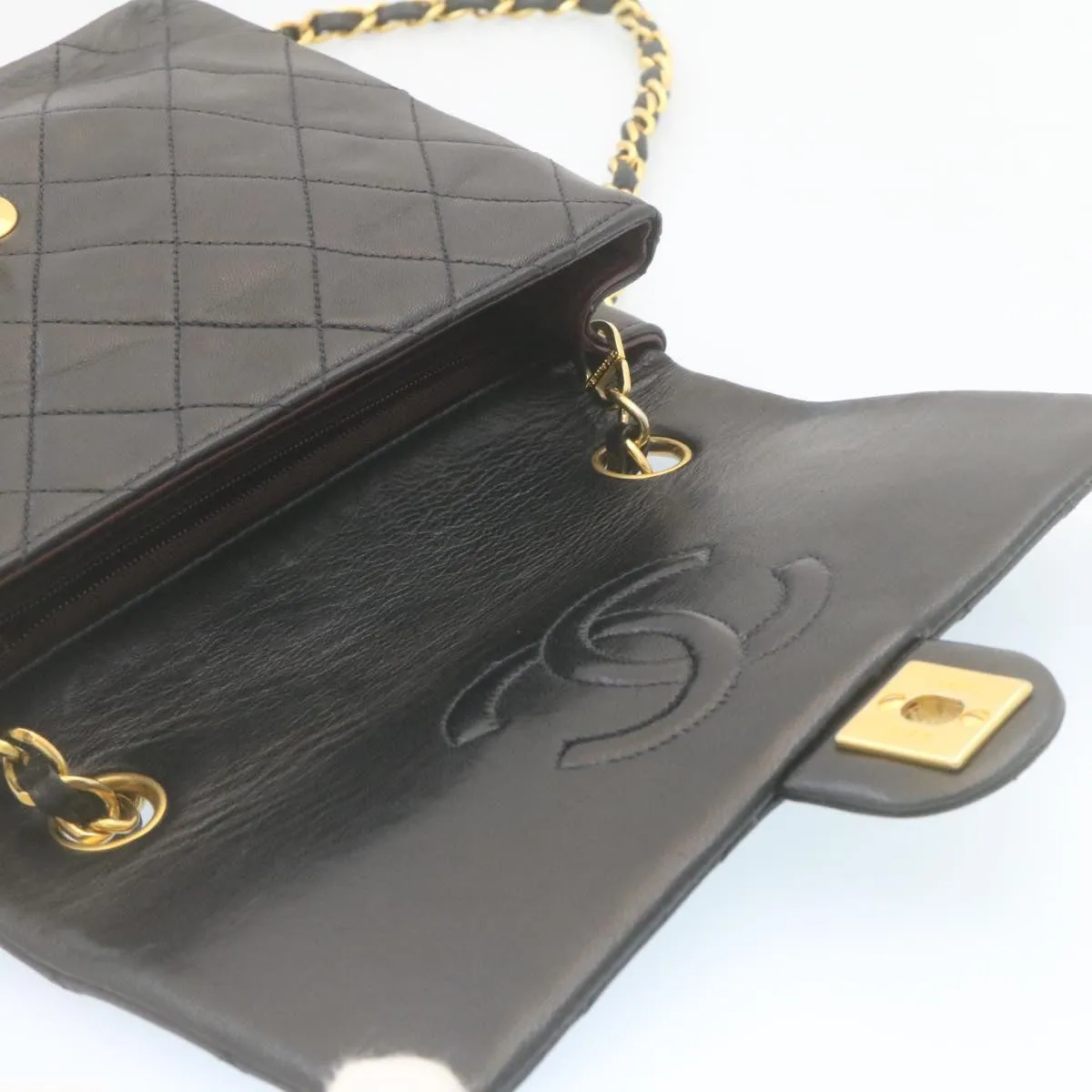 Chanel Matelasse Chain Flap Turn Lock Shoulder Bag Lamb Skin Black  34659A