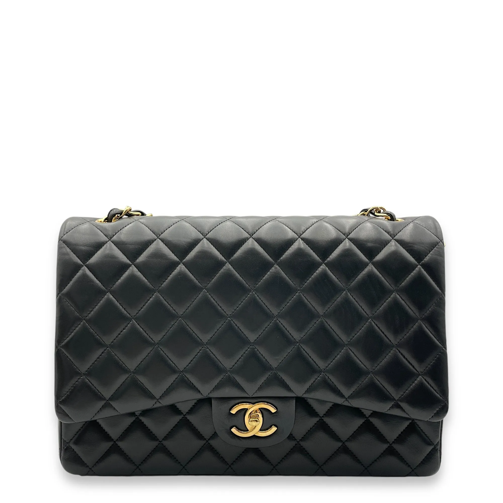 Classic Double Flap Black Shoulder Bag in Lambskin, Gold hardware