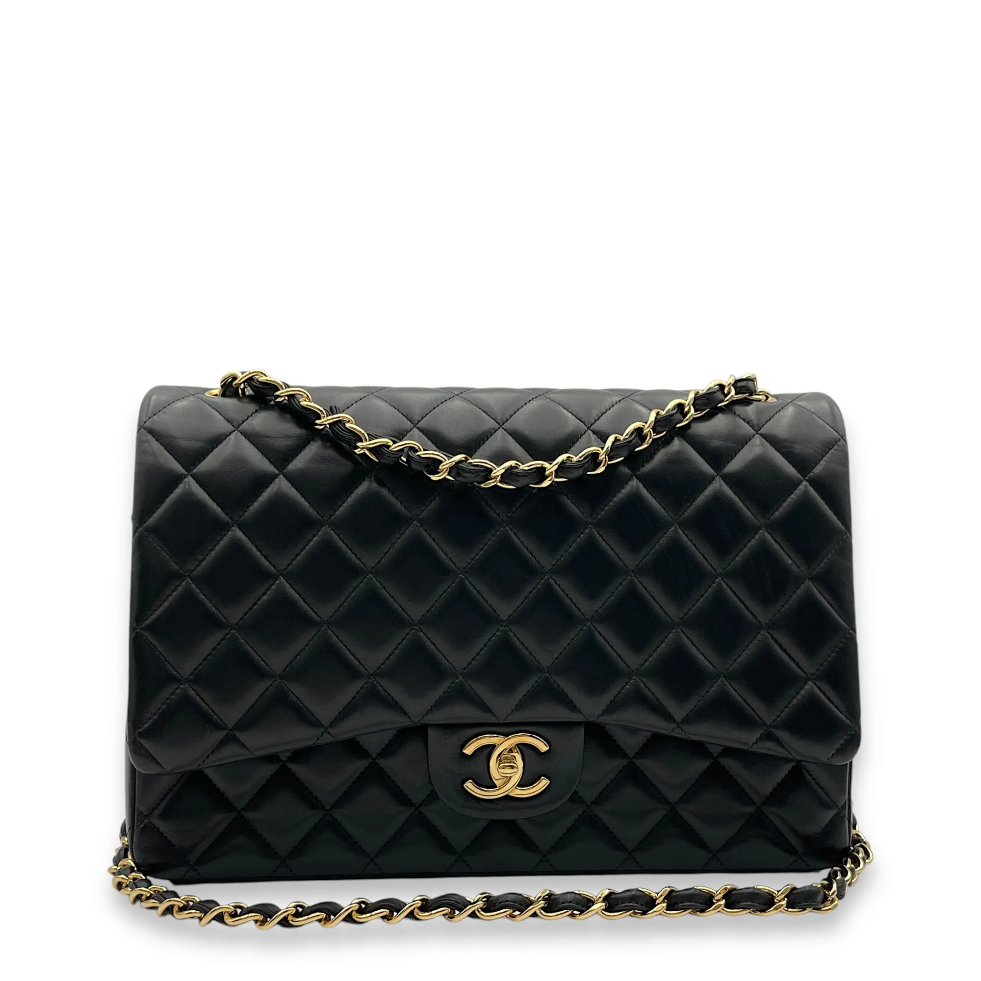 Classic Double Flap Black Shoulder Bag in Lambskin, Gold hardware