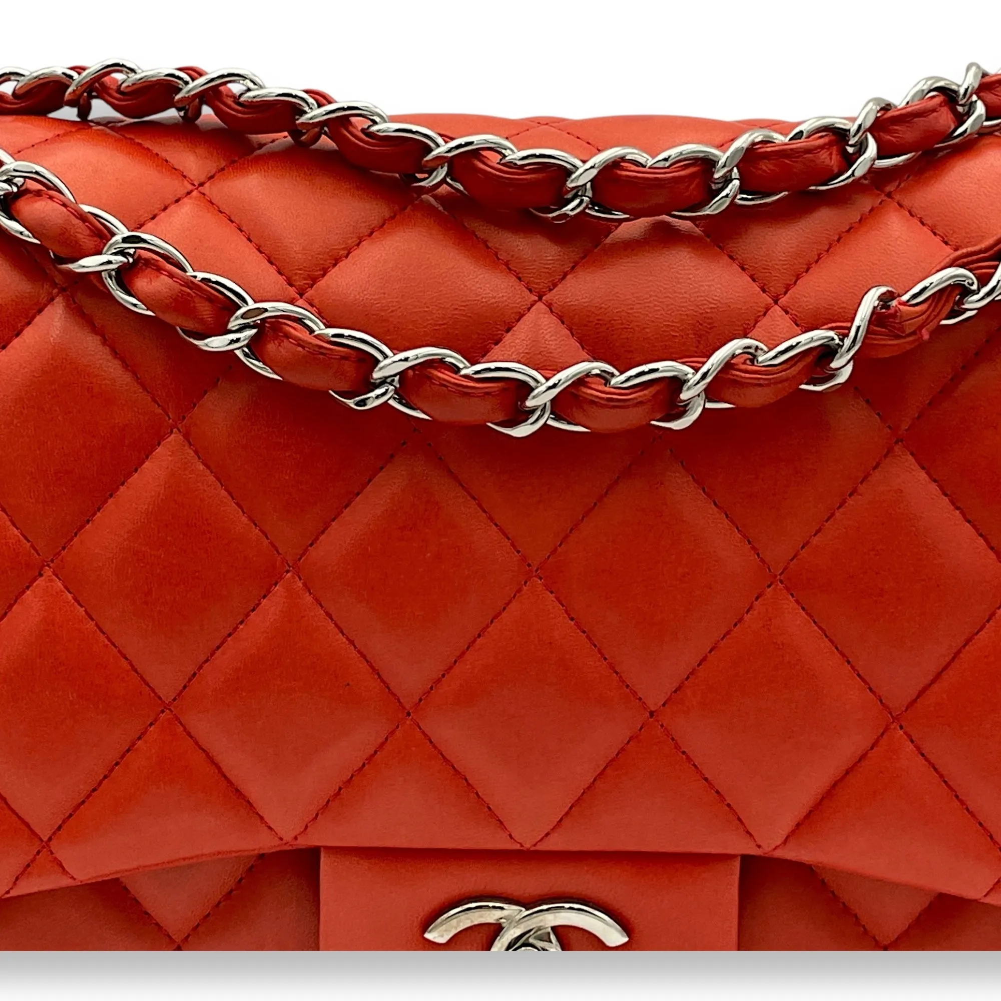 Classic Double Flap Jumbo Red Shoulder Bag in Lambskin, Silver hardware