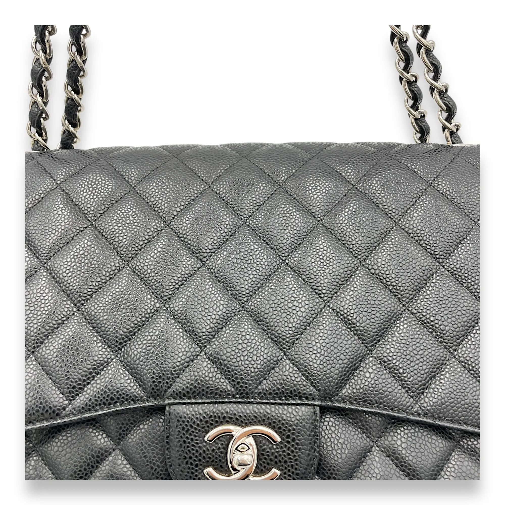 Classic Flap Maxi Black Shoulder Bag in Caviar Leather, Silver hardware