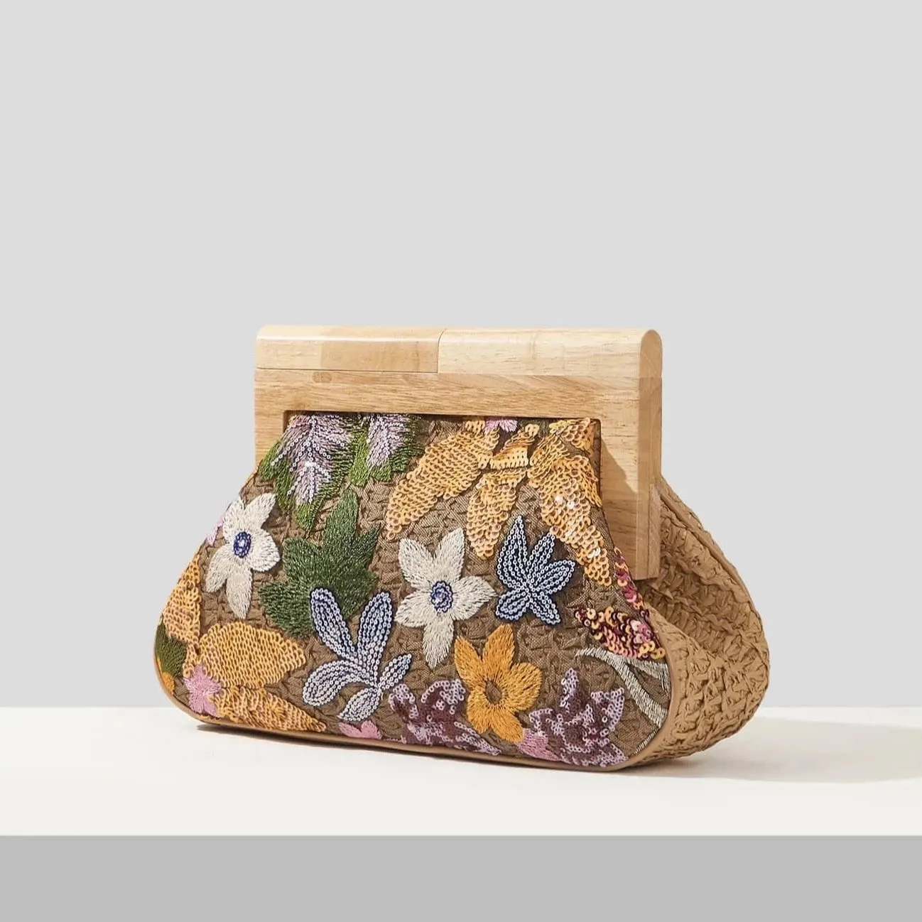 Corey Floral Sequin Straw Evening Clutch