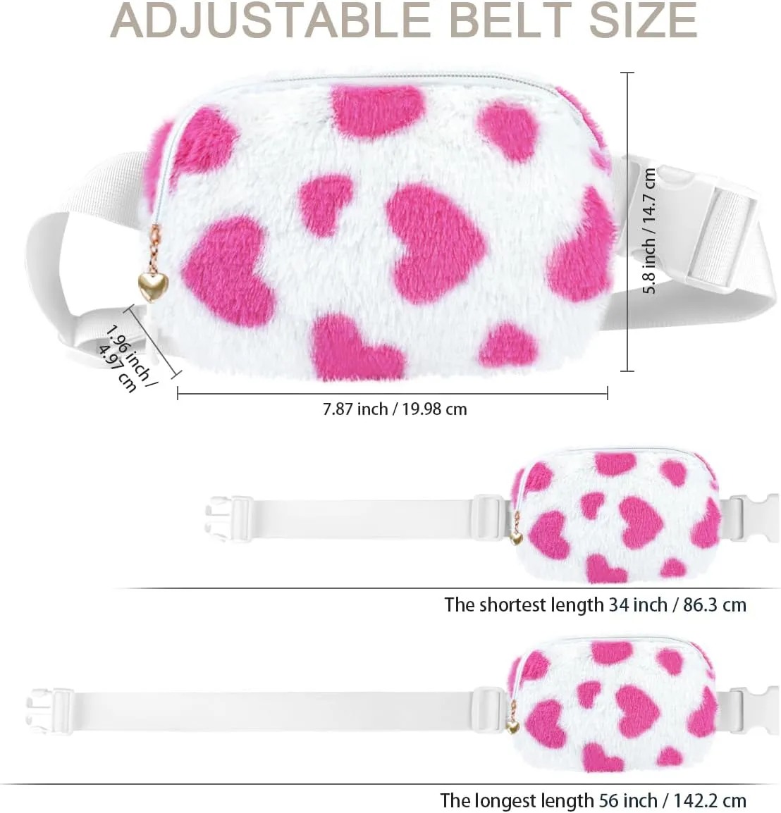Fuzzy Belt Bag Waist Fanny Pack for Girls Cute Lovely Heart Waist Packs Crossbody Bags for Women Trendy Teen Girl Kids Daughter Sister Her Preppy Girly Stuff Fuzzy Plush Waist Pack Bag, Rosy
