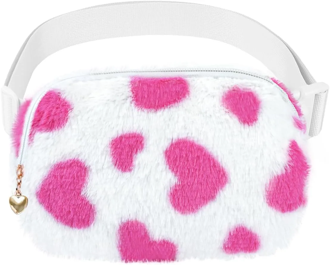 Fuzzy Belt Bag Waist Fanny Pack for Girls Cute Lovely Heart Waist Packs Crossbody Bags for Women Trendy Teen Girl Kids Daughter Sister Her Preppy Girly Stuff Fuzzy Plush Waist Pack Bag, Rosy