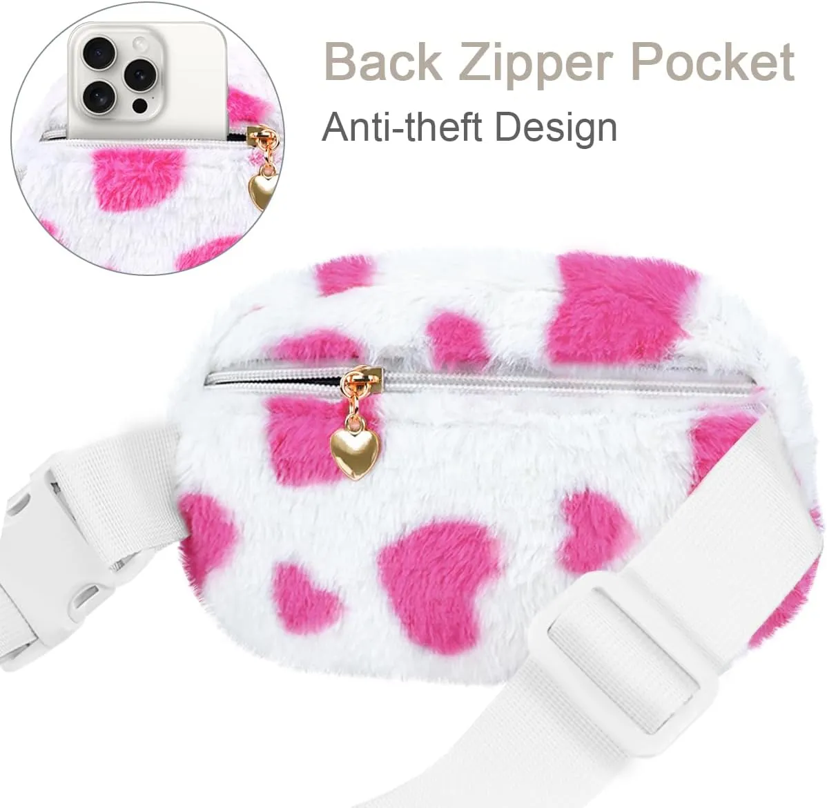 Fuzzy Belt Bag Waist Fanny Pack for Girls Cute Lovely Heart Waist Packs Crossbody Bags for Women Trendy Teen Girl Kids Daughter Sister Her Preppy Girly Stuff Fuzzy Plush Waist Pack Bag, Rosy