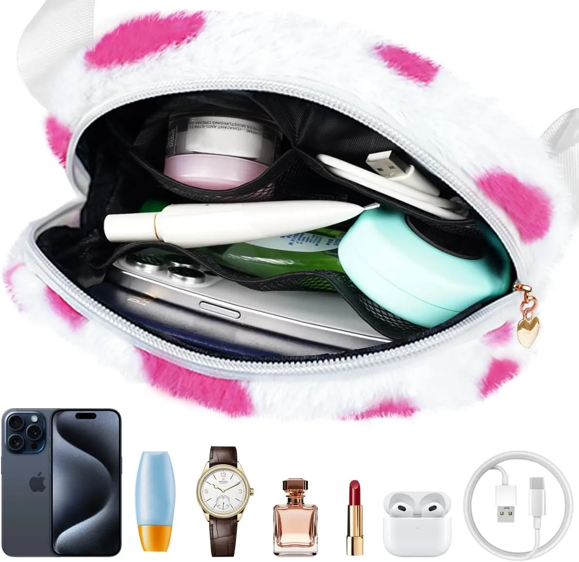 Fuzzy Belt Bag Waist Fanny Pack for Girls Cute Lovely Heart Waist Packs Crossbody Bags for Women Trendy Teen Girl Kids Daughter Sister Her Preppy Girly Stuff Fuzzy Plush Waist Pack Bag, Rosy