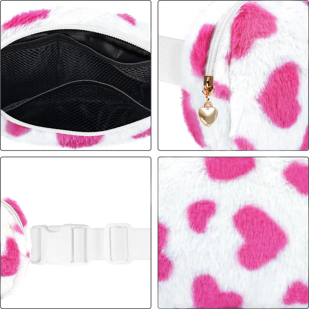 Fuzzy Belt Bag Waist Fanny Pack for Girls Cute Lovely Heart Waist Packs Crossbody Bags for Women Trendy Teen Girl Kids Daughter Sister Her Preppy Girly Stuff Fuzzy Plush Waist Pack Bag, Rosy