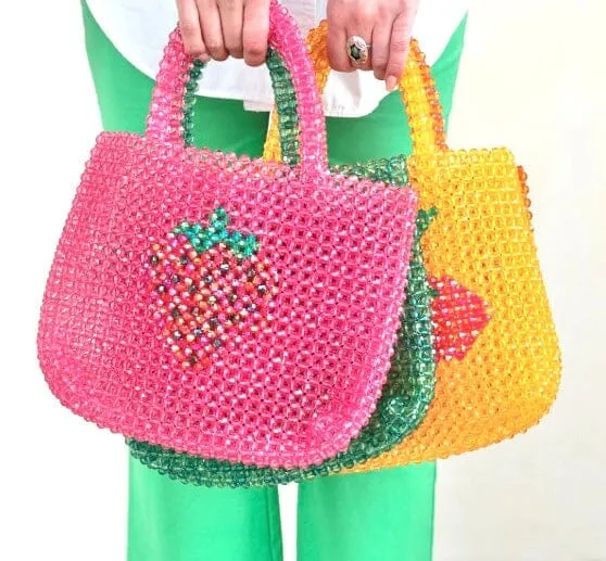 Handmade Acrylic Beaded Tote Bag, Strawberry
