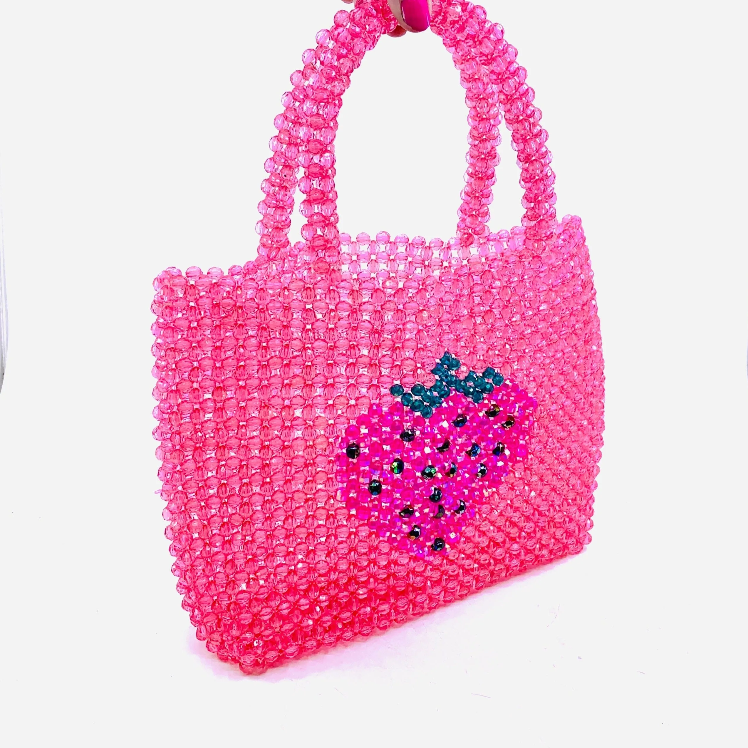 Handmade Acrylic Beaded Tote Bag, Strawberry
