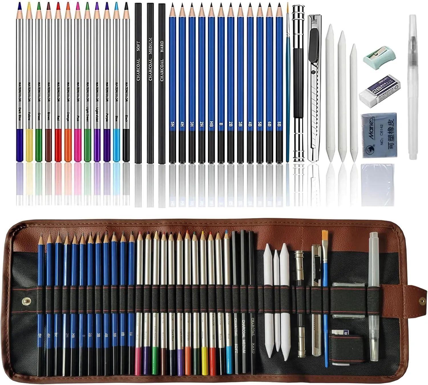 HOTCOLOR Drawing Pencils 38pcs Art Supplies Sketching Pencil Set with Graphite Pencils,Watercolor Pencils with Brushes,Charcoal Pencils for Artists Kids Beginners