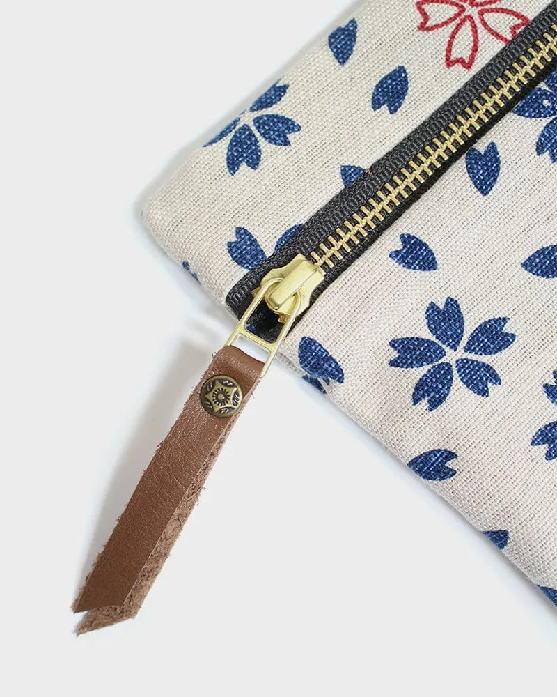 Kiriko Original Flat Zipper Pouch, Medium, Cream Sakura