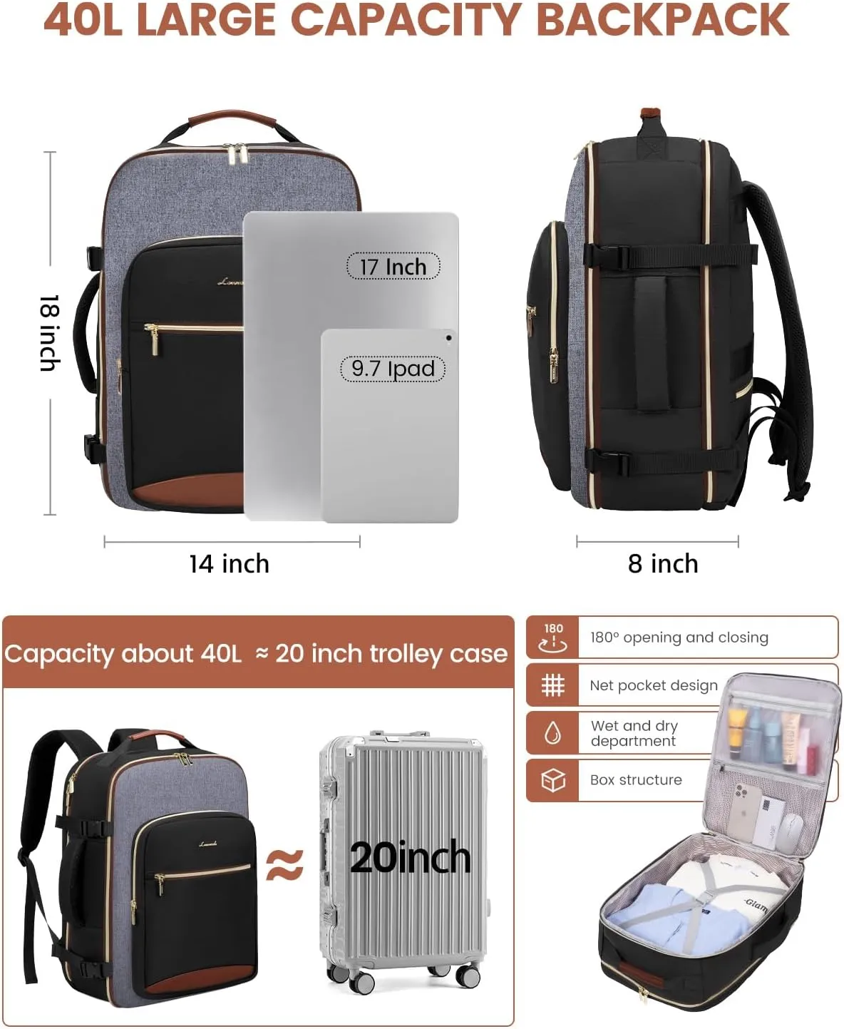 LOVEVOOK 40L Travel Backpack for Women & Men, Large Carry on Backpack for Airplanes with 3 Packing Cubes, TSA Personal Item Travel Bag fits 17" Laptop, Waterproof Weekender Essentials Airline Approved
