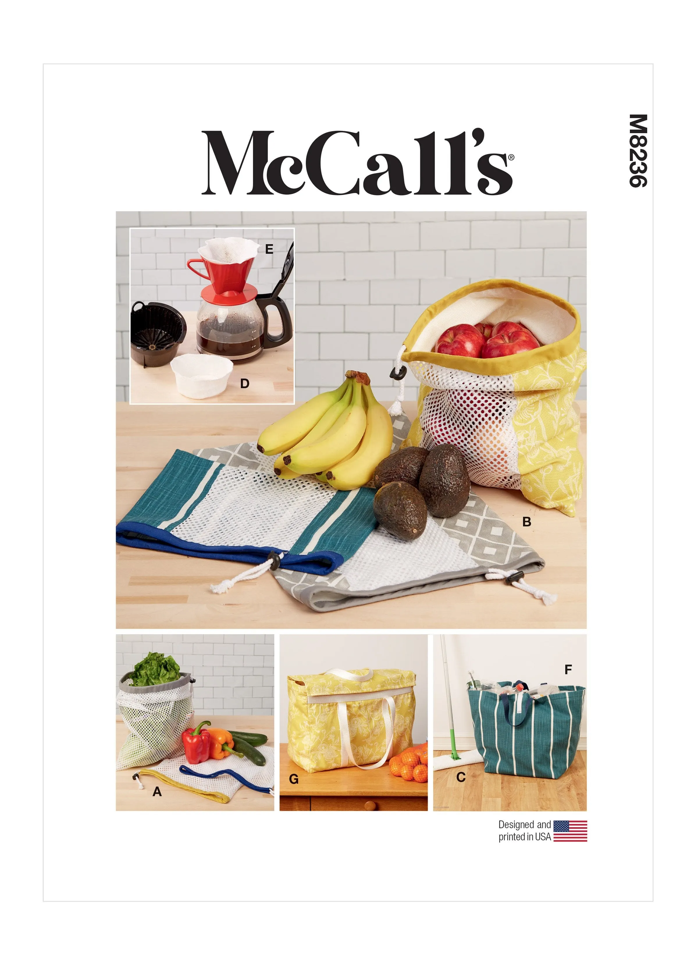 McCall's sewing pattern 8236 Fruit and Veg Bags, Mop Pad, Coffee Filters, Bin and Bag