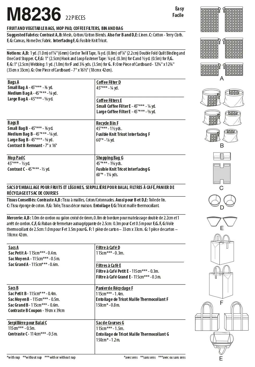 McCall's sewing pattern 8236 Fruit and Veg Bags, Mop Pad, Coffee Filters, Bin and Bag